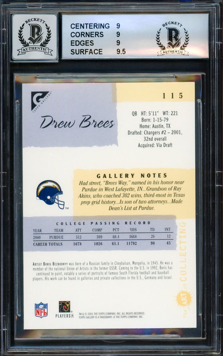 Drew Brees Signed 2001 Topps Gallery RC 115 Chargers BGS 9 Auto 10 Beckett