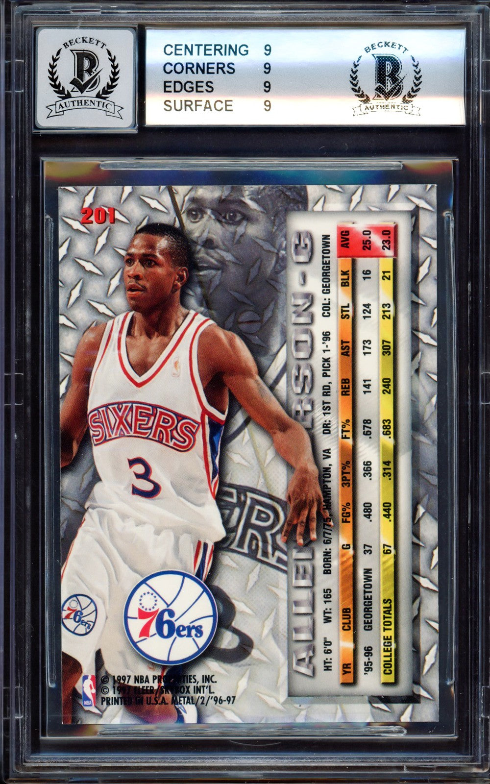 Allen Iverson Signed 1996-97 Fleer Metal RC 201 76ers BGS 9 Auto GM 10 Beckett