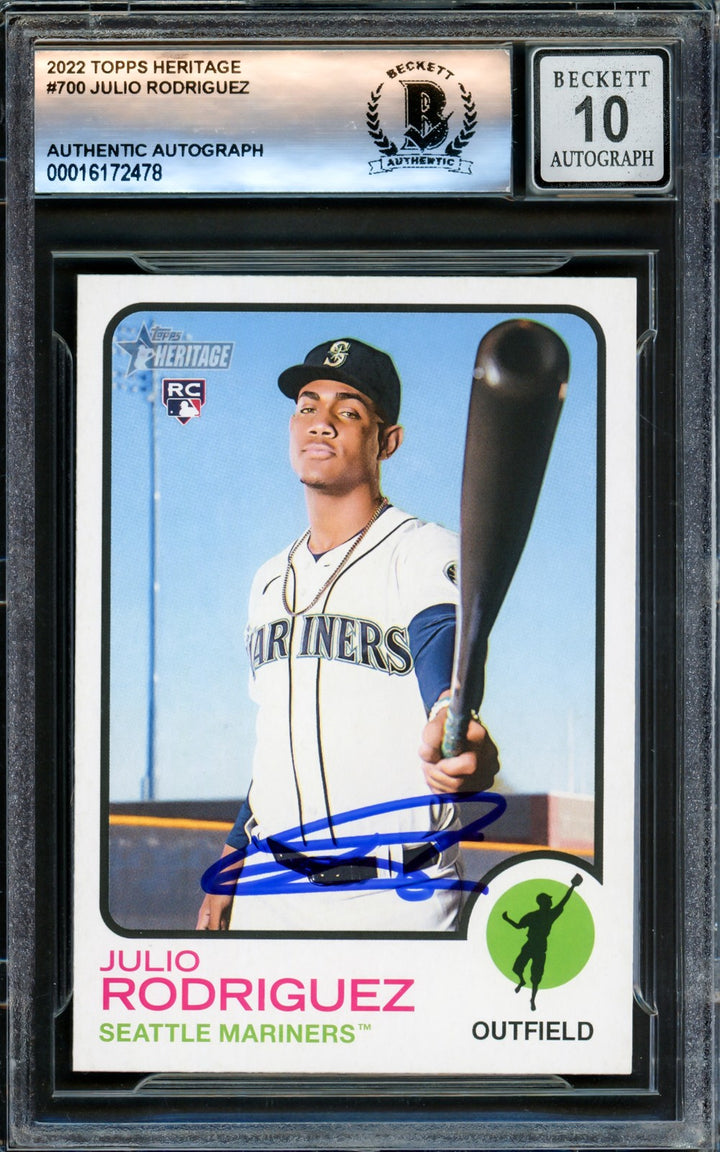 Julio Rodriguez Signed 2022 Topps Heritage RC 700 Mariners Auto GM 10 Beckett