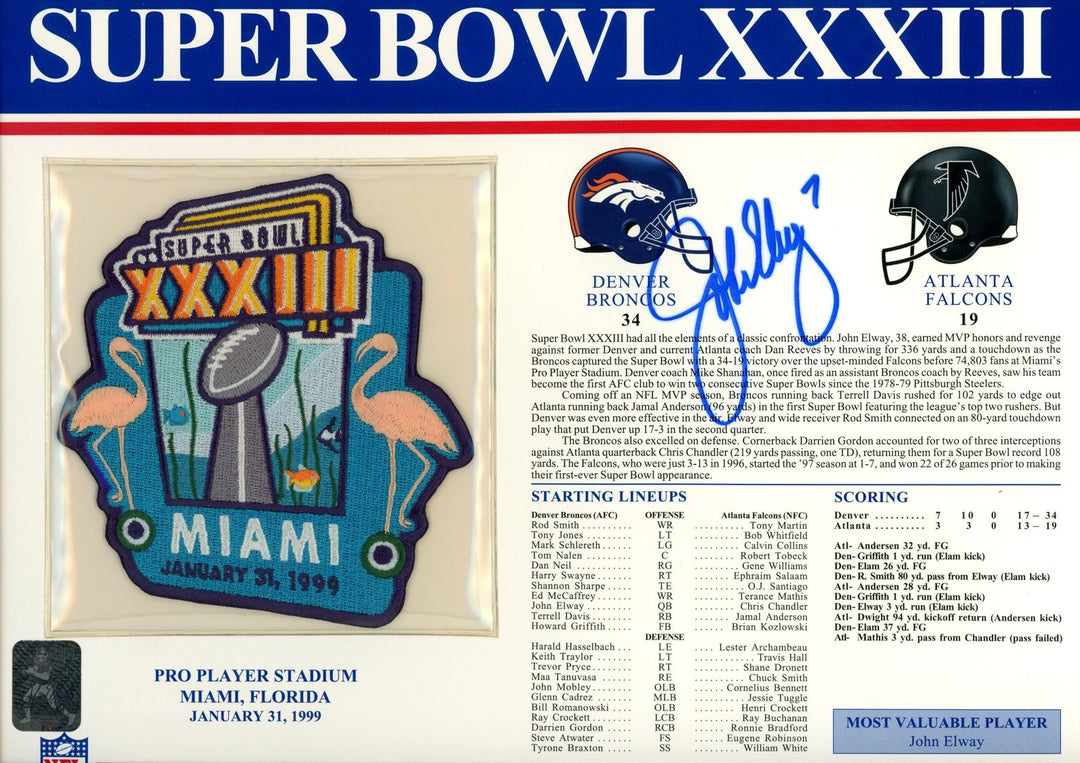 John Elway Autographed Denver Broncos SB XXXIII Patch Stat Card Beckett 54946