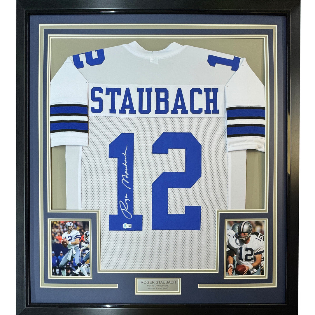 Framed Autographed/Signed Roger Staubach 35x39 Dallas White Jersey Beckett COA