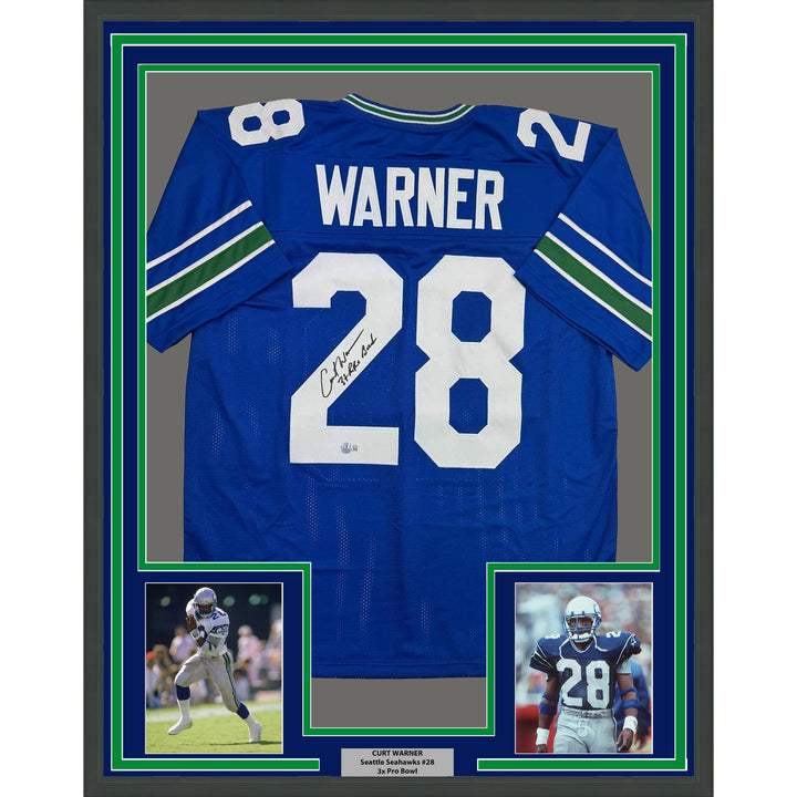 Framed Autographed/Signed Curt Warner 35x39 Seattle Blue Jersey Beckett BAS COA