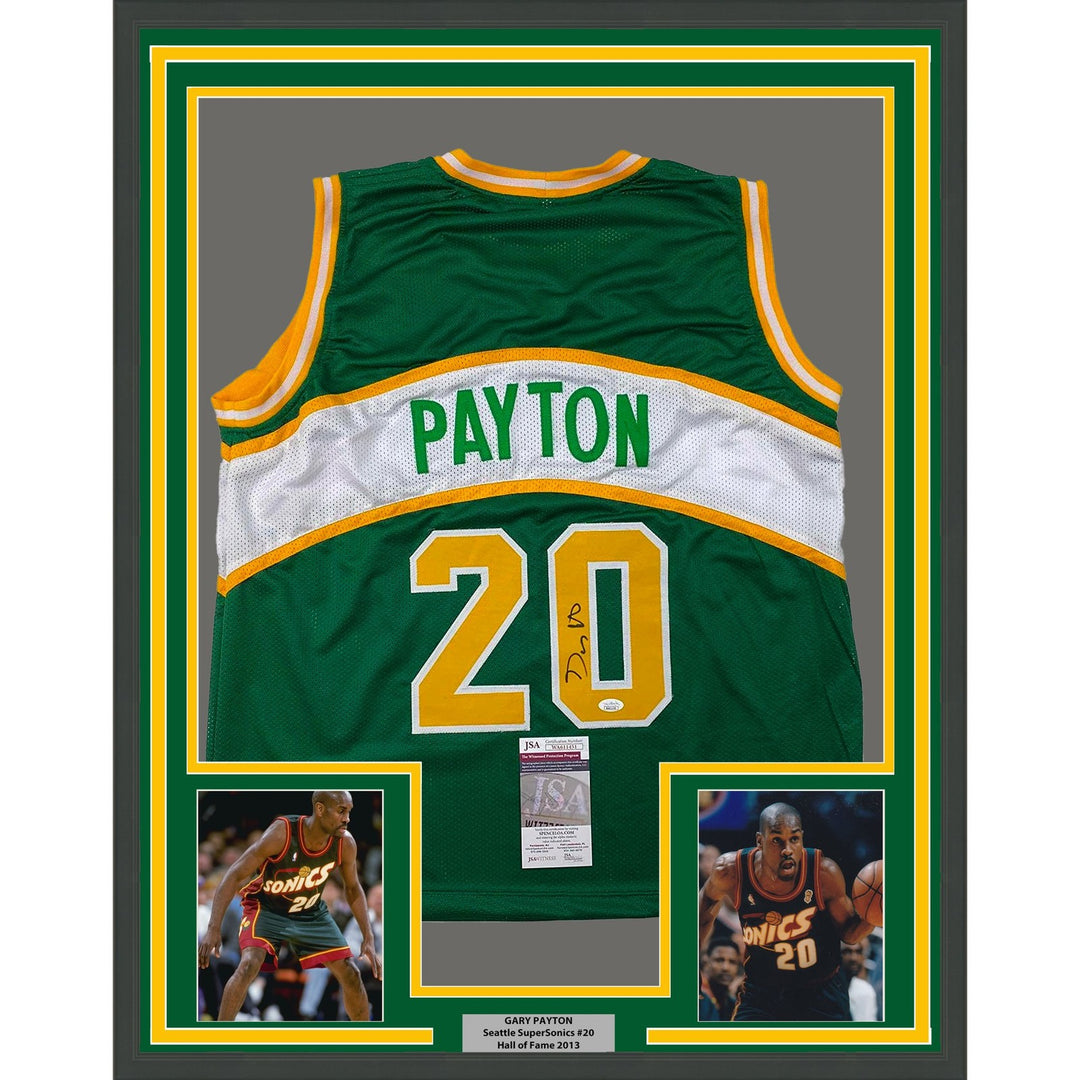 Framed Autographed/Signed Gary Payton 35x39 Seattle Green Jersey JSA COA