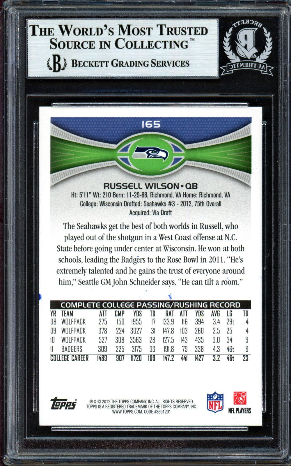 Russell Wilson Signed 2012 Topps RC 165 Seattle Seahawks Beckett #13447100