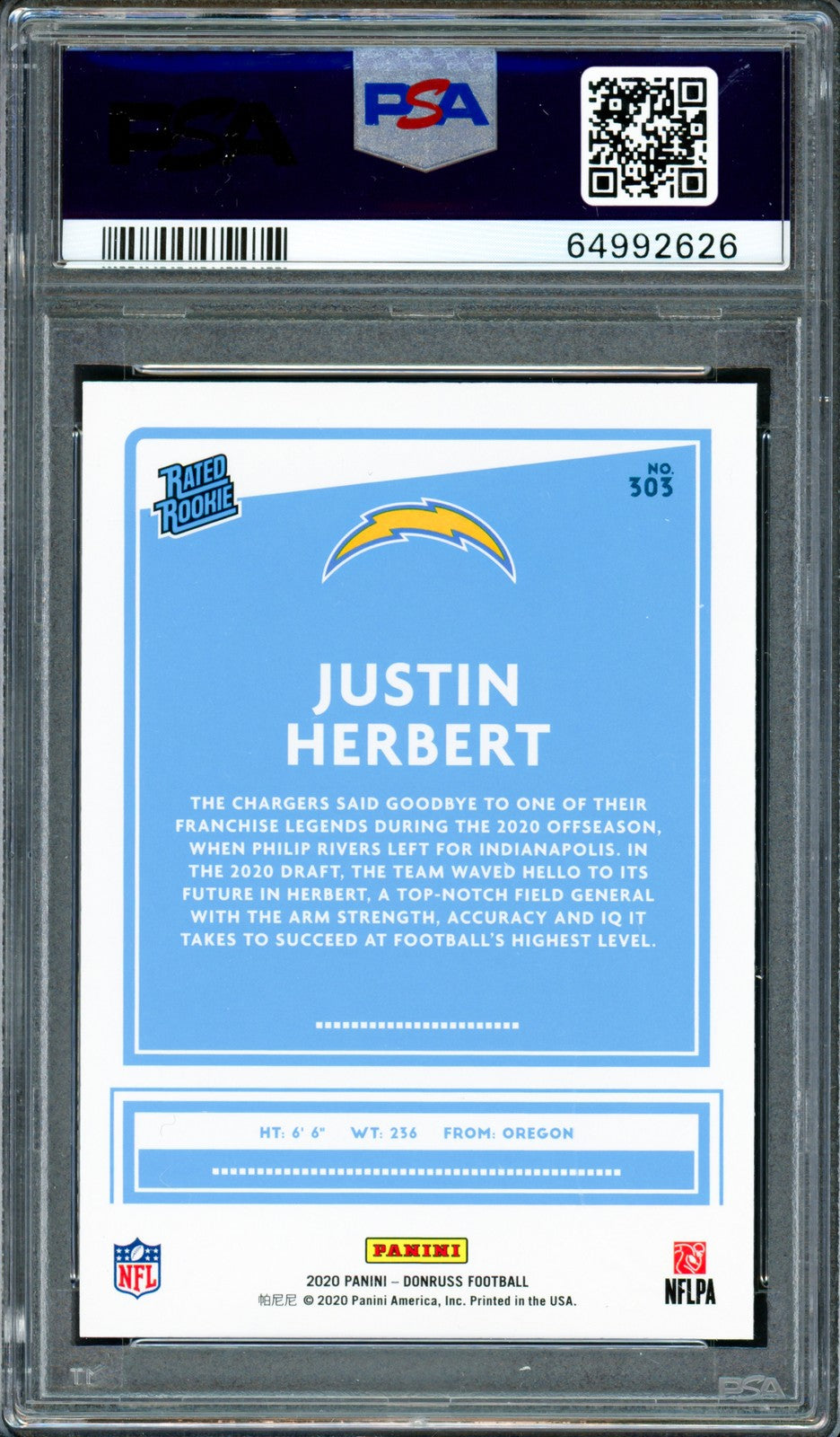 Justin Herbert Auto 2020 Panini Donruss Rated RC #303 Chargers PSA 10 Sig GM 10