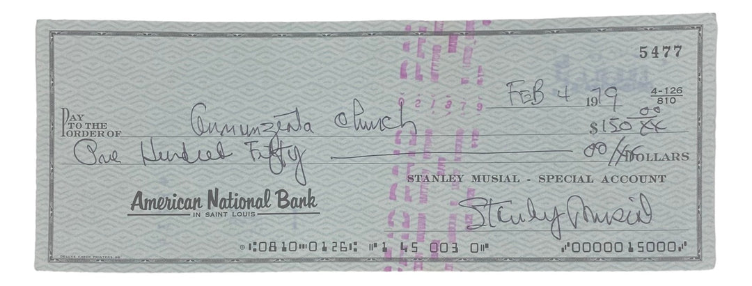 Stan Musial St. Louis Cardinals Signed  Bank Check #5477 BAS