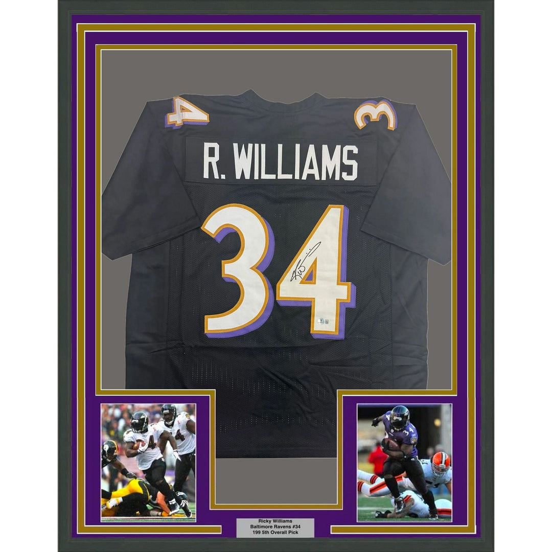 Framed Autographed/Signed Ricky Williams 35x39 Baltimore Jersey Beckett COA