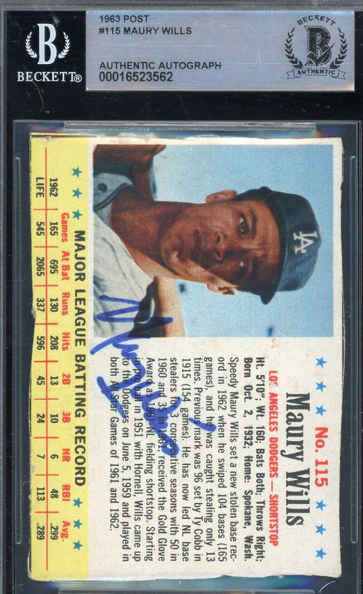 Maury Wills Beckett BAS Signed 1963 Post Rookie Autograph