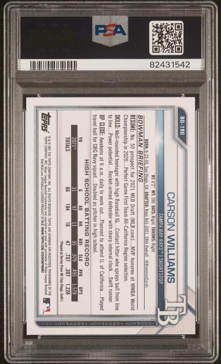 Graded 2021 Bowman Draft Carson Williams #BD180 1st Ed RC Baseball Card PSA 10
