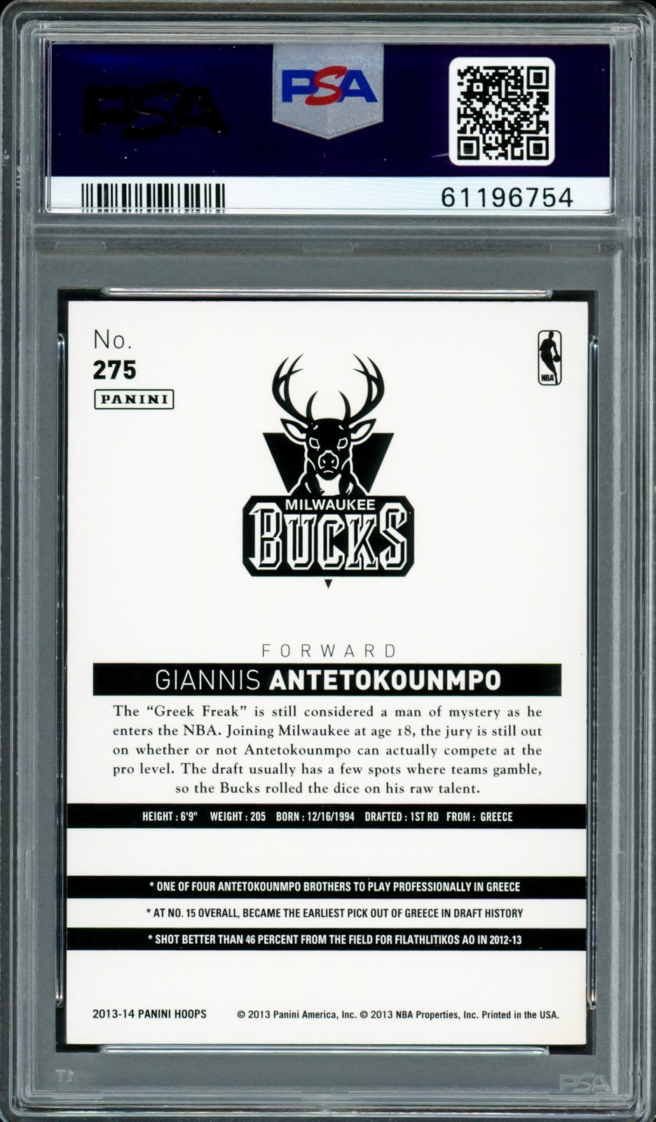 Giannis Antetokounmpo Auto Signed 2013 Panini Hoops RC 275 Bucks PSA 9 PSA/DNA