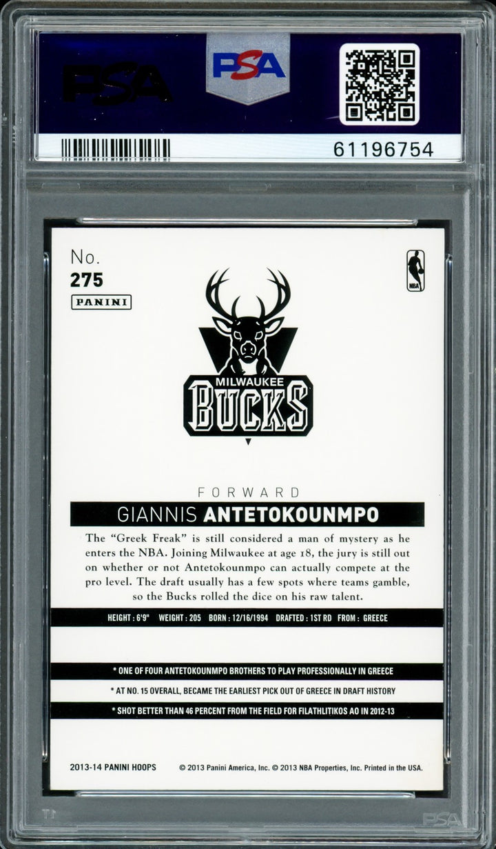 Giannis Antetokounmpo Auto Signed 2013 Panini Hoops RC 275 Bucks PSA 9 PSA/DNA