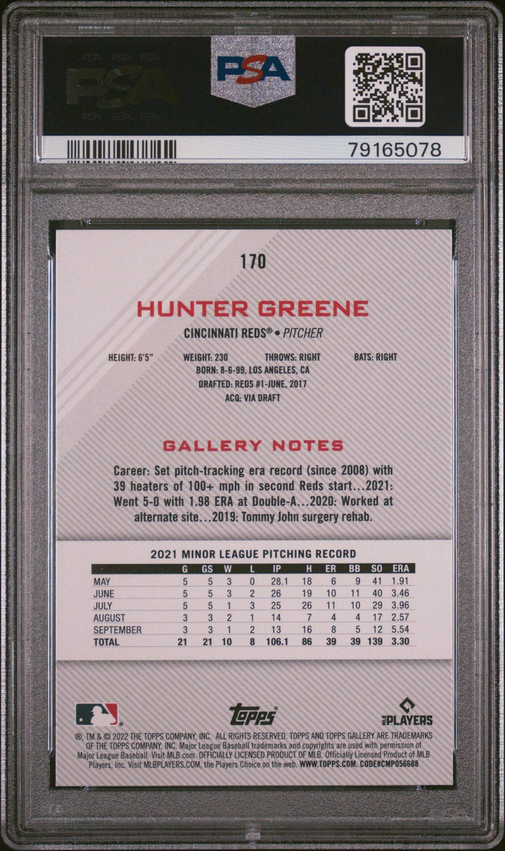 Graded 2022 Topps Gallery Hunter Greene #170 Rookie RC Baseball Card PSA 10
