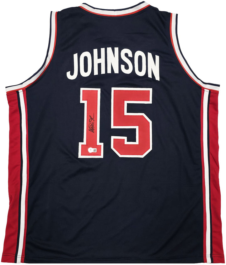 Team USA Magic Johnson Autographed Blue Jersey Beckett BAS QR