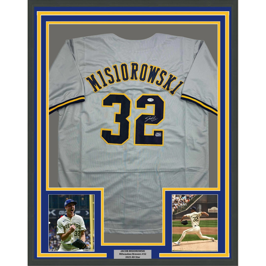 Framed Signed Jacob Misiorowski 35x39 Milwaukee Grey Jersey JSA COA