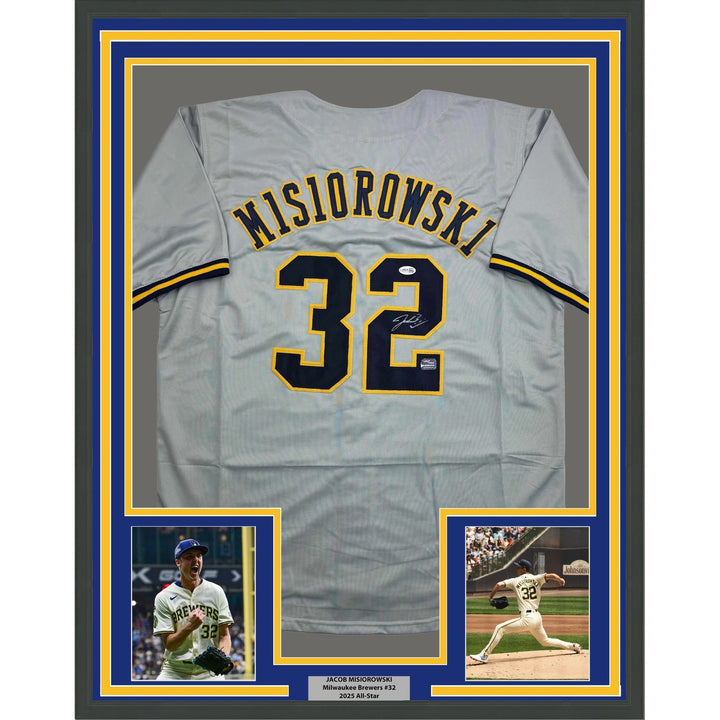 Framed Signed Jacob Misiorowski 35x39 Milwaukee Grey Jersey JSA COA