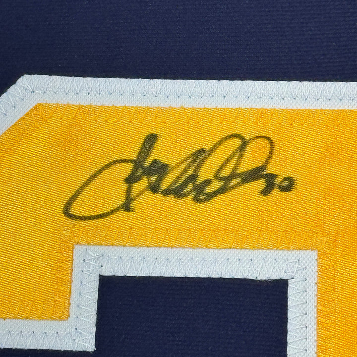 Framed Autographed/Signed Ryan Miller 35x39 Buffalo Blue Hockey Jersey JSA COA