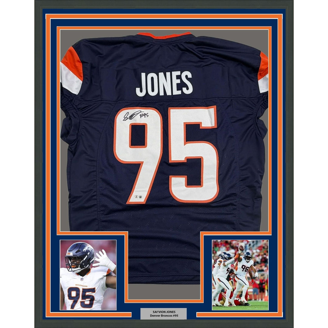 Framed Autographed/Signed Sai'vion Jones 35x39 Denver Blue Jersey BAS COA