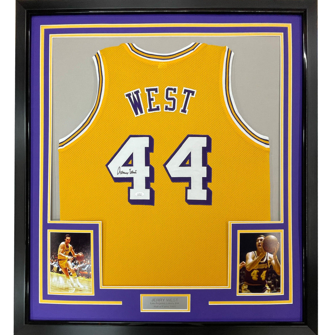 FRAMED Autographed/Signed JERRY WEST 33x42 Los Angeles Yellow Jersey JSA COA