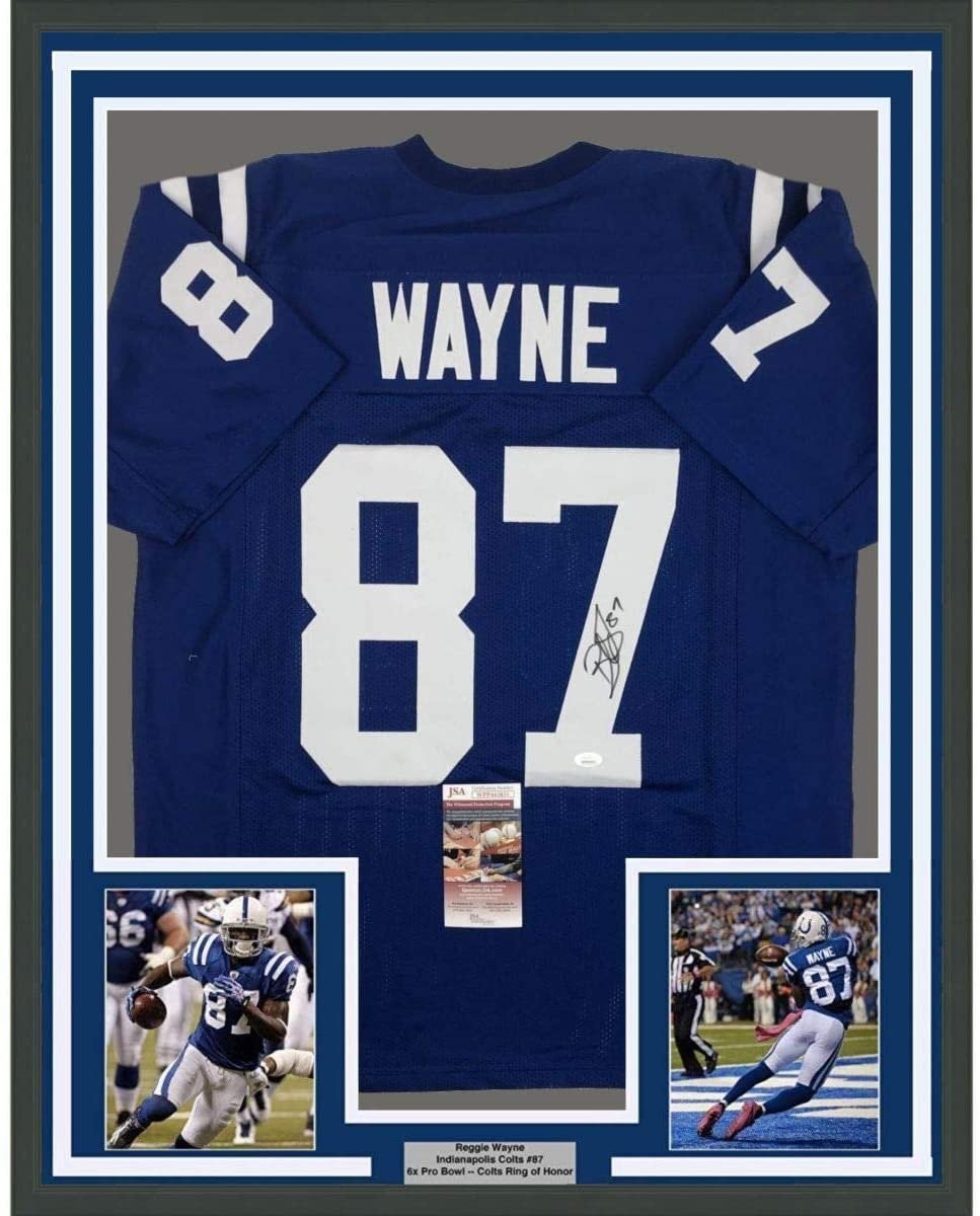 Framed Signed Reggie Wayne 35x39 Indianapolis Blue Jersey JSA COA