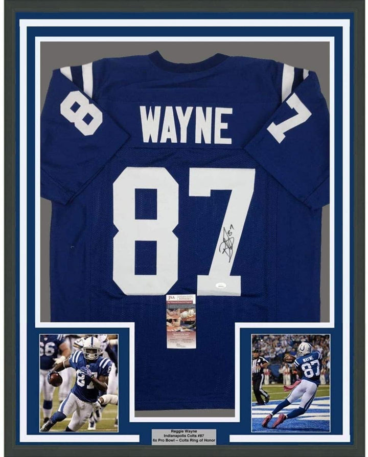 Framed Signed Reggie Wayne 35x39 Indianapolis Blue Jersey JSA COA