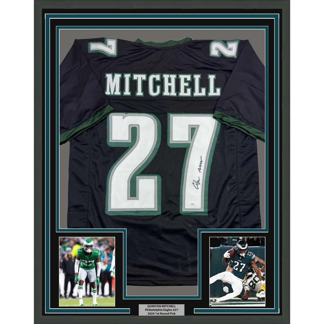 Framed Autographed/Signed Quinyon Mitchell 35x39 Black Jersey JSA COA