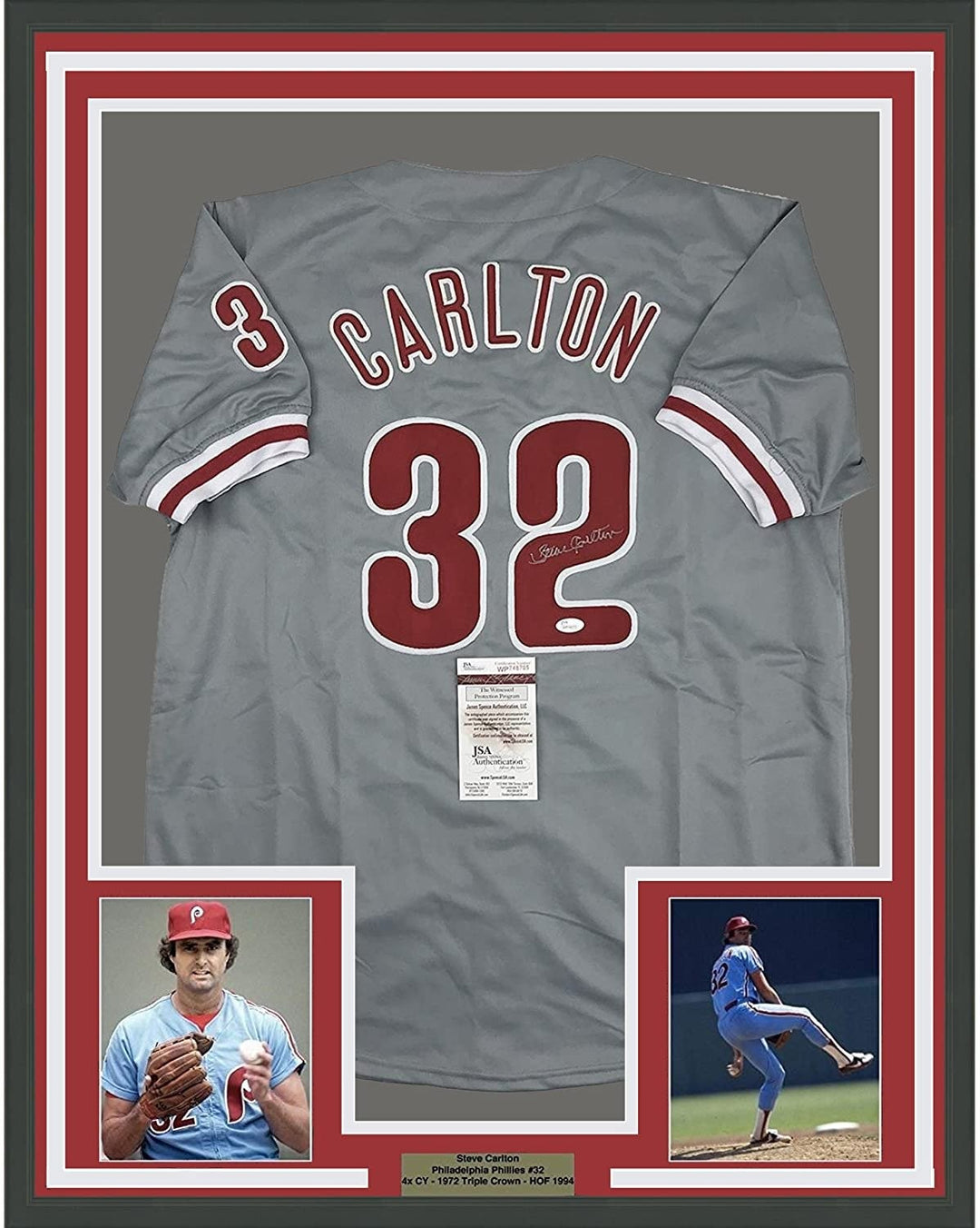 FRAMED Signed STEVE CARLTON 35x39 Philadelphia Grey Jersey JSA COA