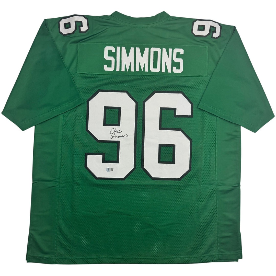 Autographed/Signed Clyde Simmons Philadelphia Green Football Jersey Beckett COA