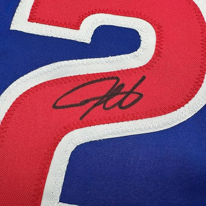 Framed Autographed/Signed Derrek Lee 35x39 Chicago Blue Jersey Beckett BAS COA
