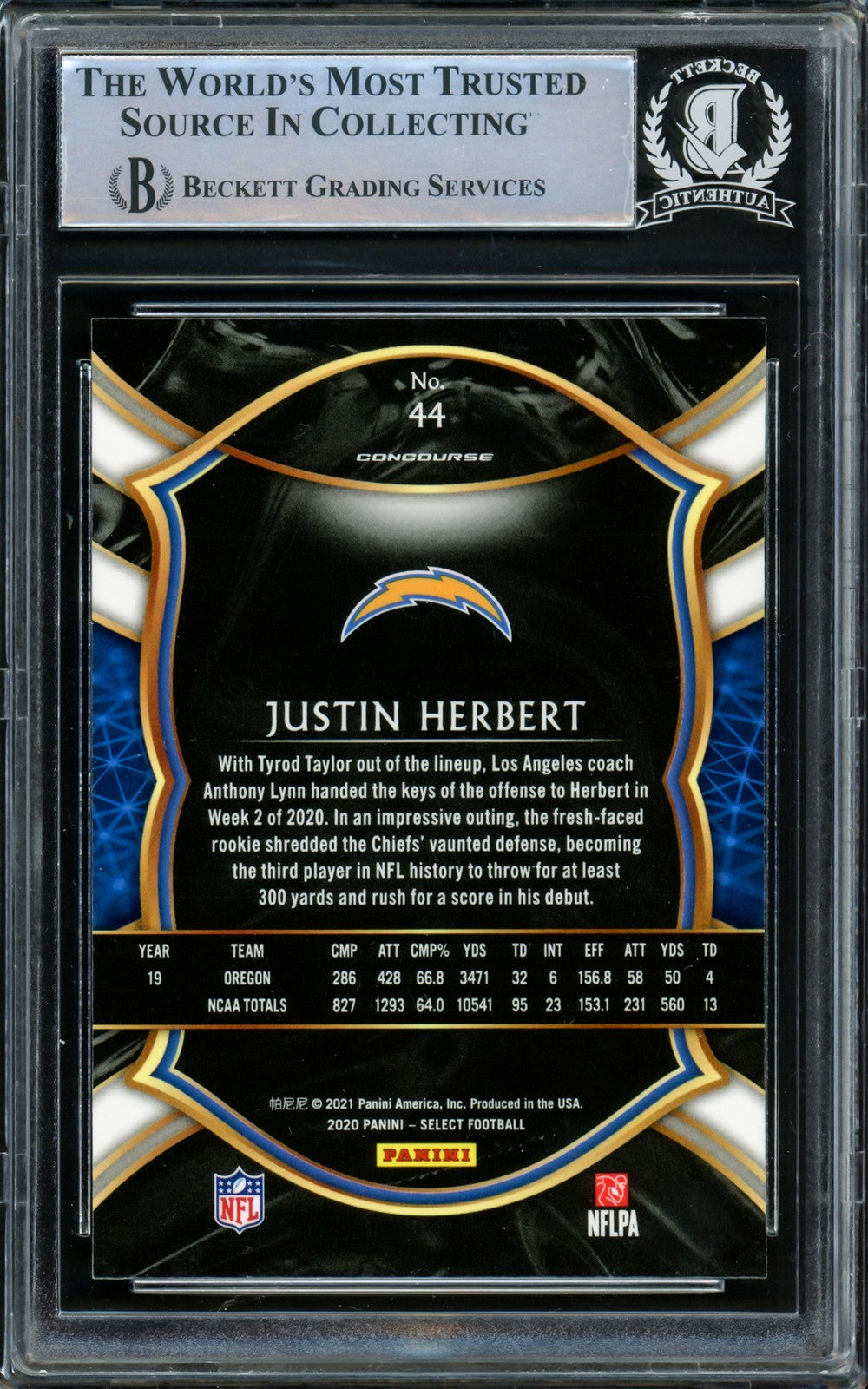 Justin Herbert Signed 2020 Panini Select RC 44 Chargers "2020 NFL OROY" Beckett