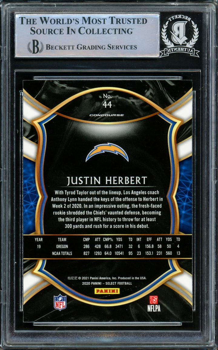 Justin Herbert Signed 2020 Panini Select RC 44 Chargers "2020 NFL OROY" Beckett