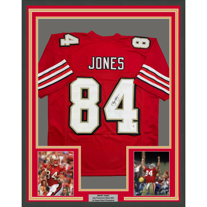 Framed Autographed/Signed Brent Jones 35x39 SF Red ALT Jersey Beckett BAS COA
