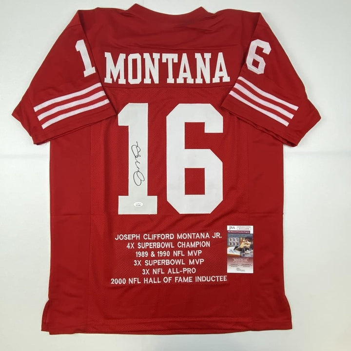 Autographed/Signed Joe Montana San Francisco Red Stat Jersey JSA COA