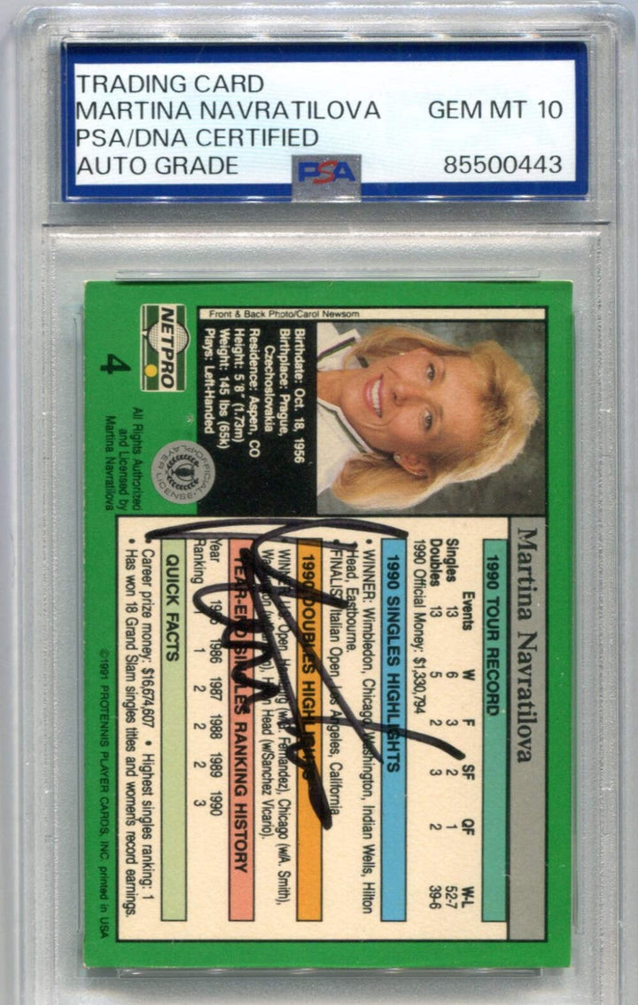 Martina Navratilova 1991 Tour Star Autographed Card PSA AUTO GRADE GEM MT 10