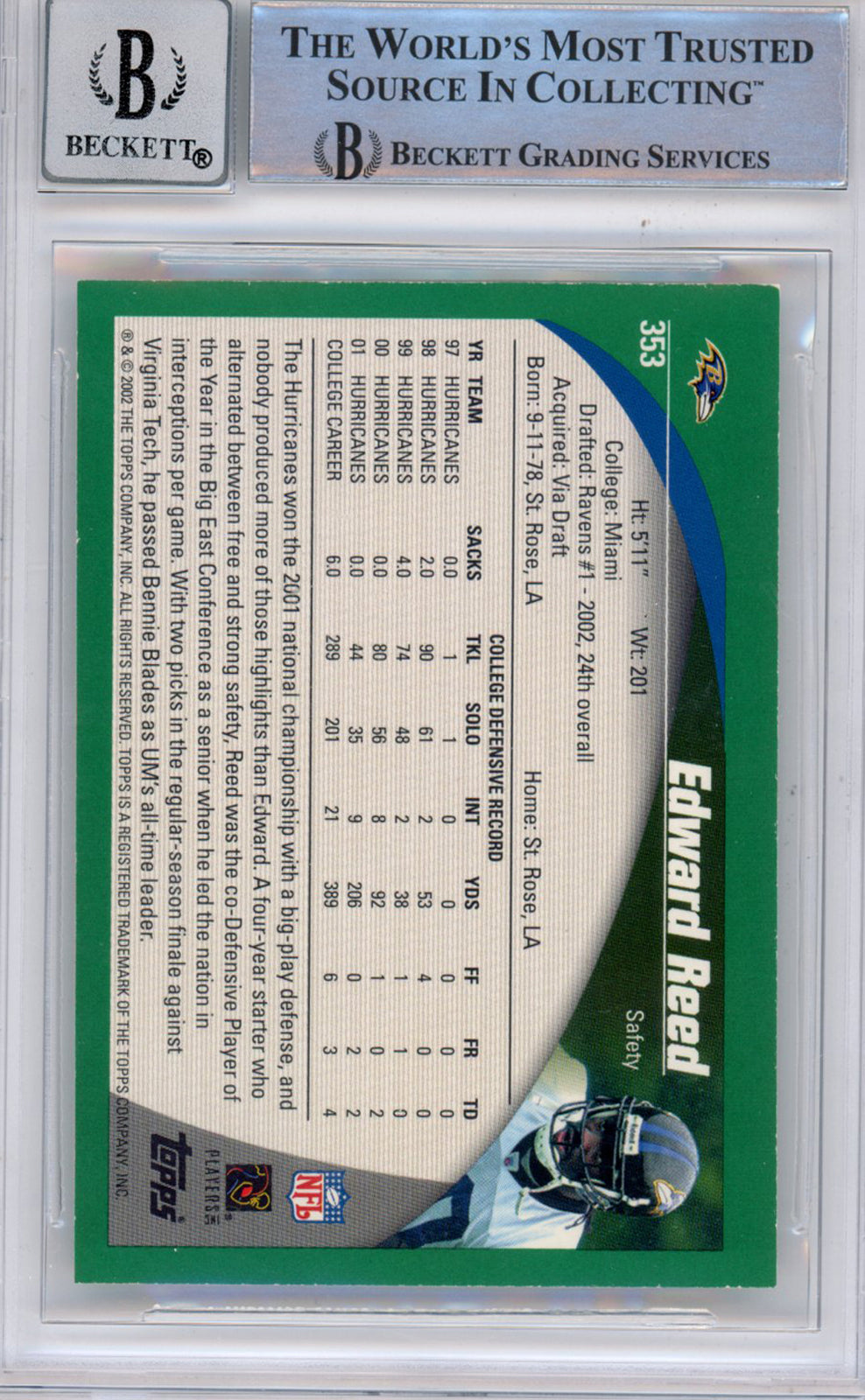 Ed Reed Autographed 2002 Topps #353 w/HOF (Grade 10) Slabbed BAS 39898