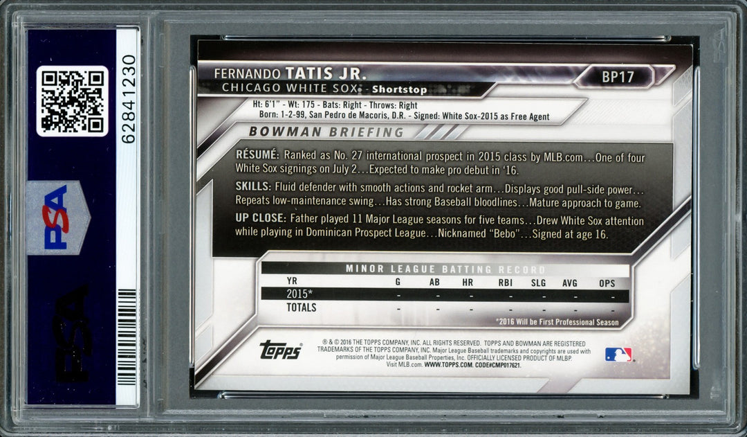 Fernando Tatis Jr Auto 2016 Bowman Prospects RC BP17 Padres PSA 8 Auto 10 /DNA