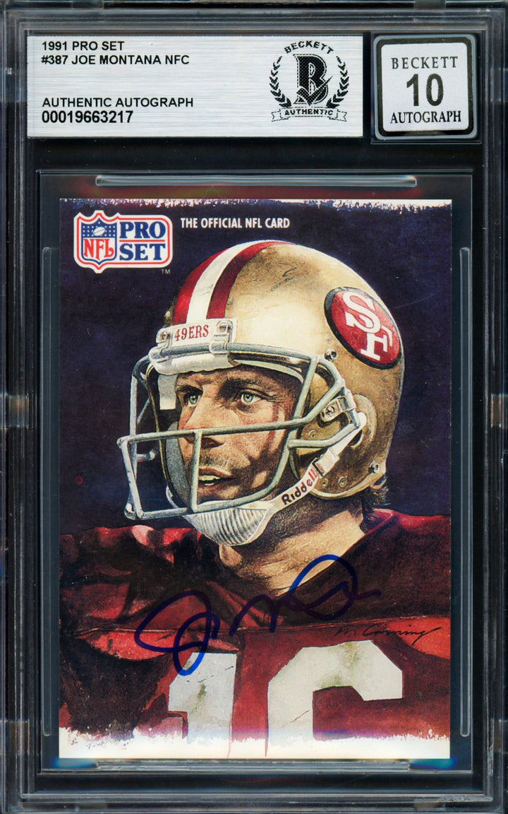 Joe Montana Signed 1991 Pro Set Card 387 San Francisco 49ers Auto GM 10 Beckett