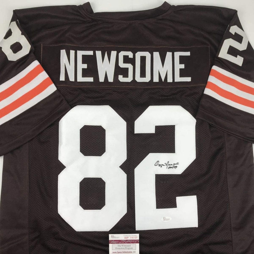 Autographed/Signed OZZIE NEWSOME HOF 99 Cleveland Brown Jersey JSA COA