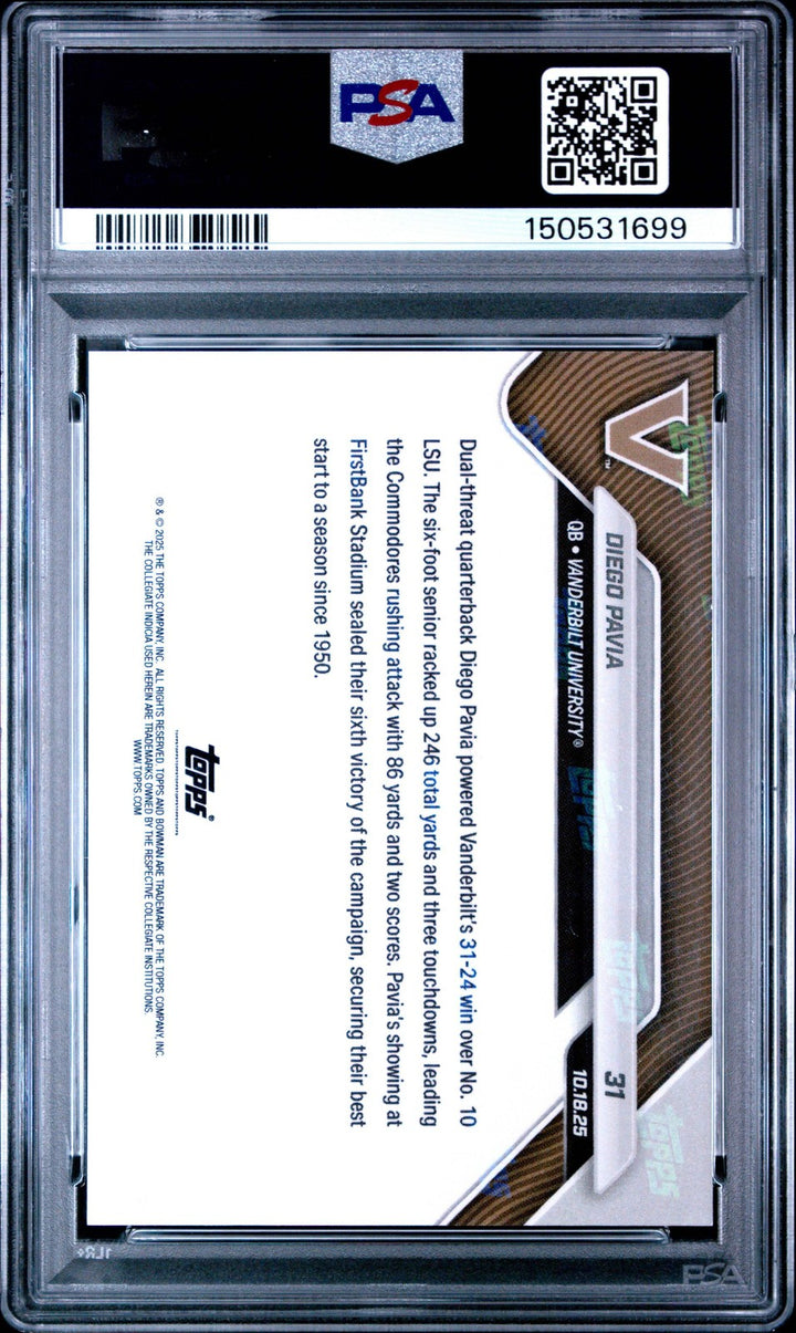 Graded 2025 Topps Bowman U Now Diego Pavia #31 Rookie RC Card PSA 10 Gem Mint