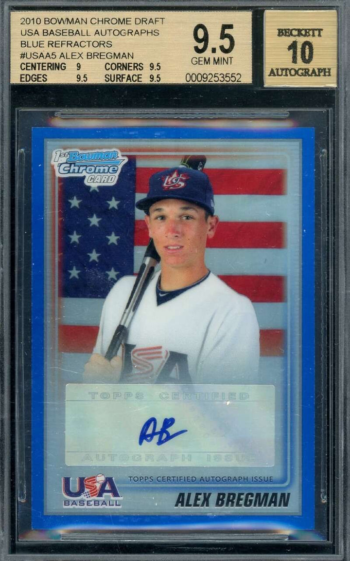 Alex Bregman Gem Mint 10 Beckett BAS Signed 2010 Bowman Chrome Draft Refractor R