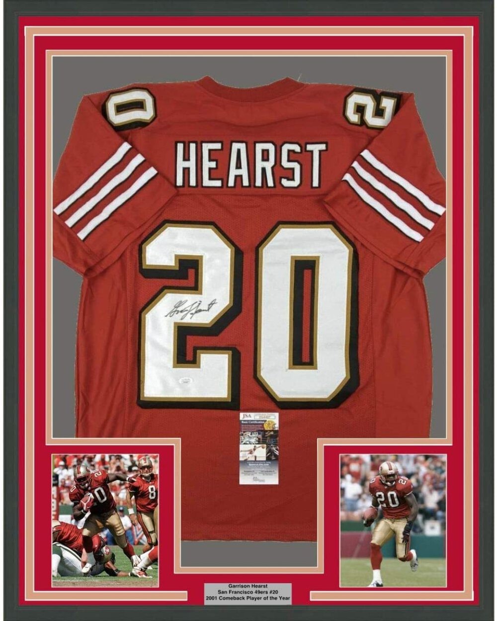 FRAMED Autographed/Signed GARRISON HEARST 33x42 San Francisco Red Jersey JSA COA