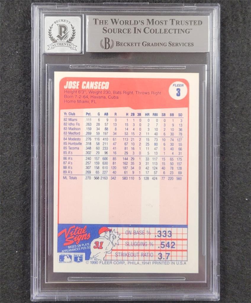 Jose Canseco signed 1990 Fleer #3 card autograph 640 ~ Beckett BAS 10 auto