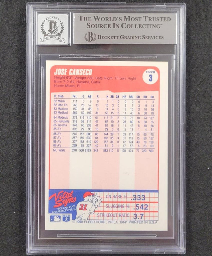 Jose Canseco signed 1990 Fleer #3 card autograph 640 ~ Beckett BAS 10 auto