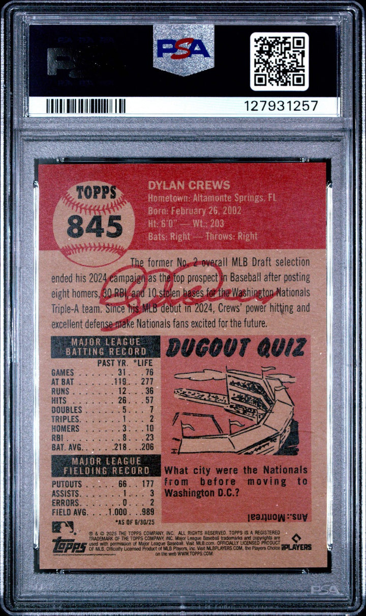Graded 2025 Topps Living Dylan Crews #845 Rookie RC Baseball Card PSA 10 Mint