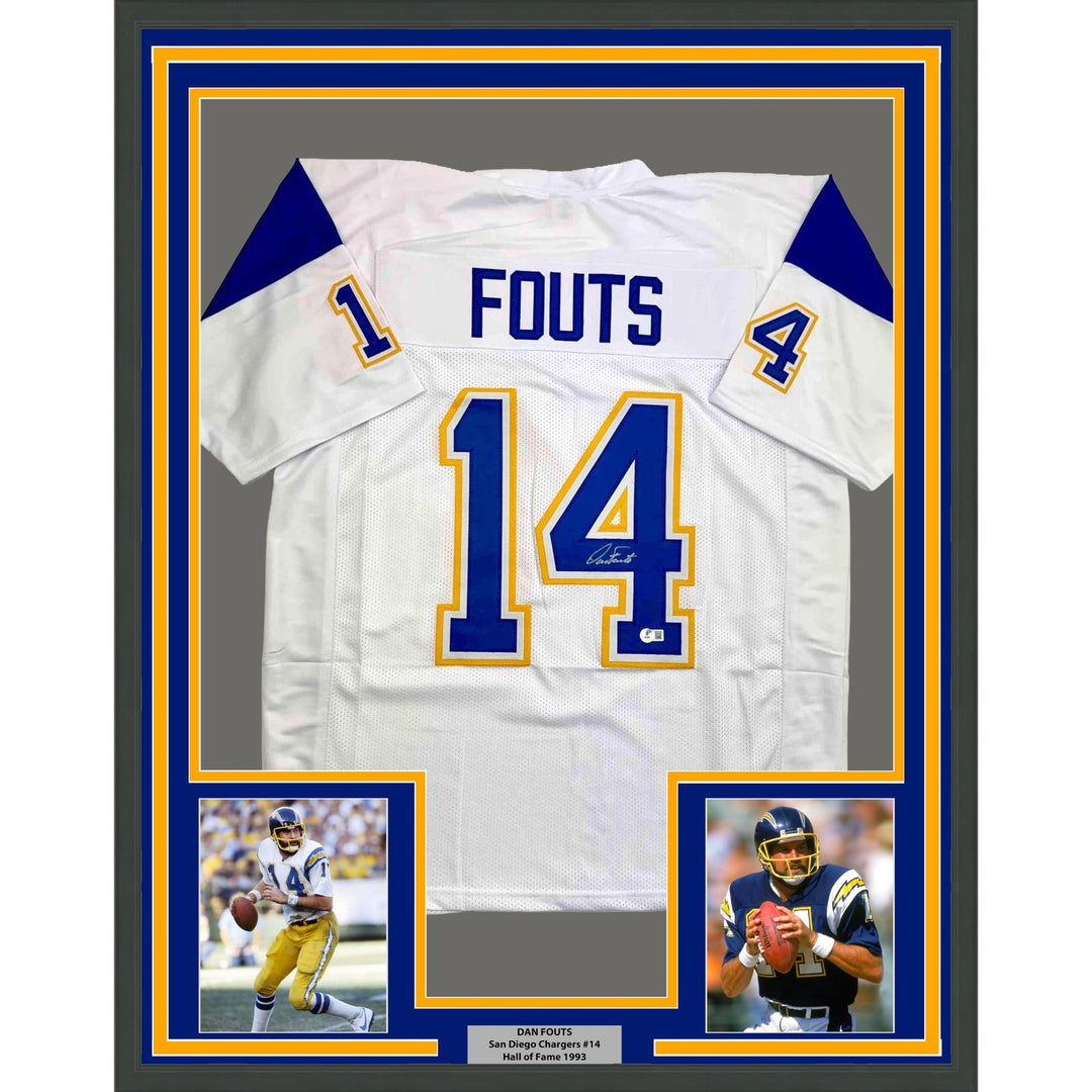 Framed Autographed/Signed Dan Fouts 35x39 San Diego White Jersey BAS COA