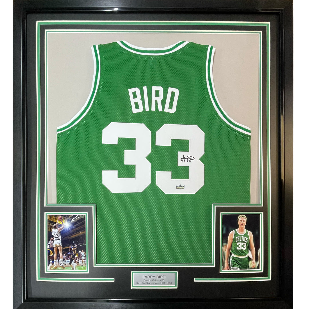 Framed Facsimile Autographed Larry Bird 33x42 Green Reprint Laser Auto Jersey