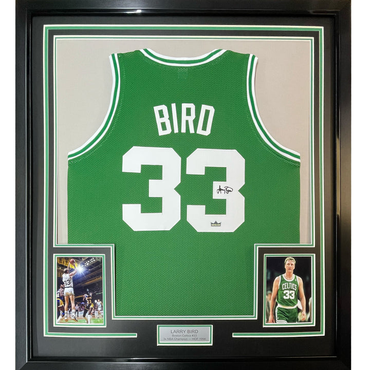 Framed Facsimile Autographed Larry Bird 33x42 Green Reprint Laser Auto Jersey