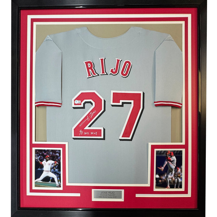 Framed Autographed/Signed Jose Rijo 35x39 Cincinnati Grey Jersey BAS COA