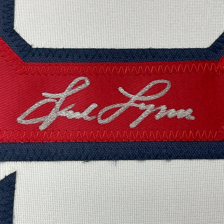 FRAMED Autographed/Signed FRED LYNN 33x42 Boston White Baseball Jersey JSA COA