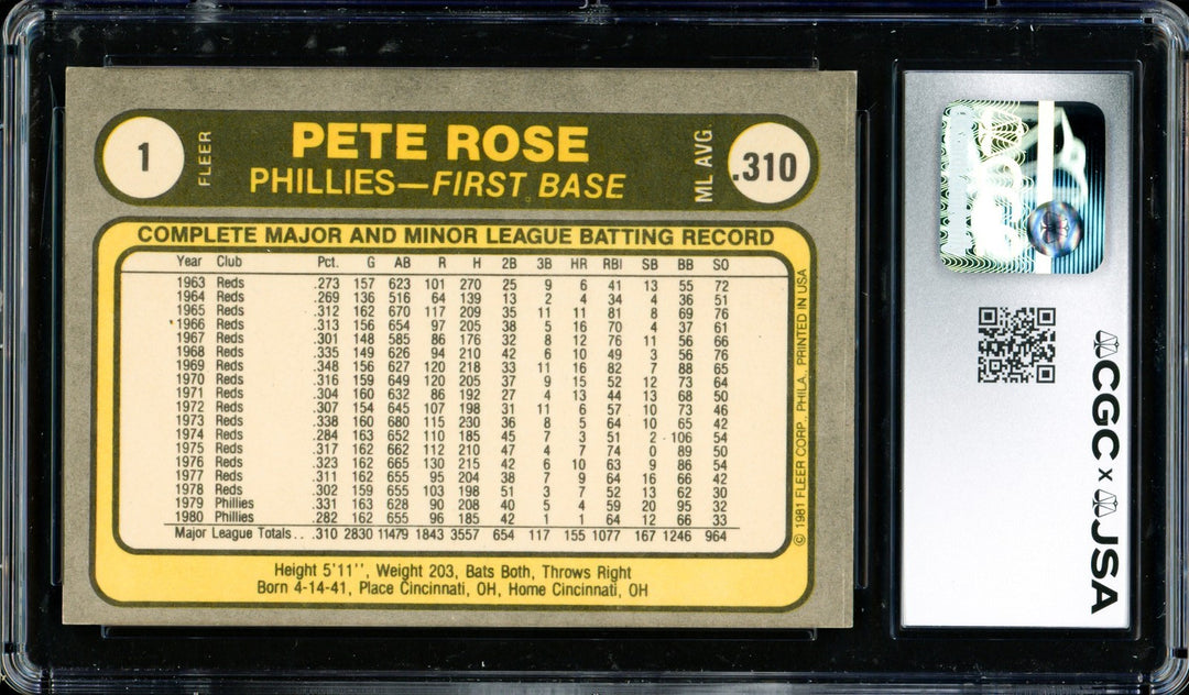 Pete Rose Signed 1981 Fleer Card 1 Phillies Card 8.5 CGC x JSA