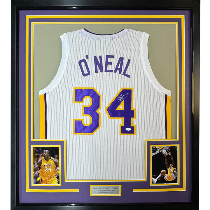 Framed Signed SHAQUILLE SHAQ O'NEAL 35x39 LA White Jersey JSA COA